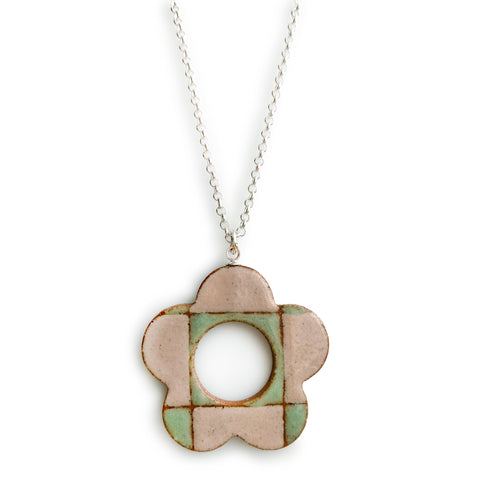 Checkered Daisy Pendant Pastel Pink and Green