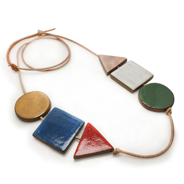 Long Shapes Necklace on Natural Leather: Multi Colour